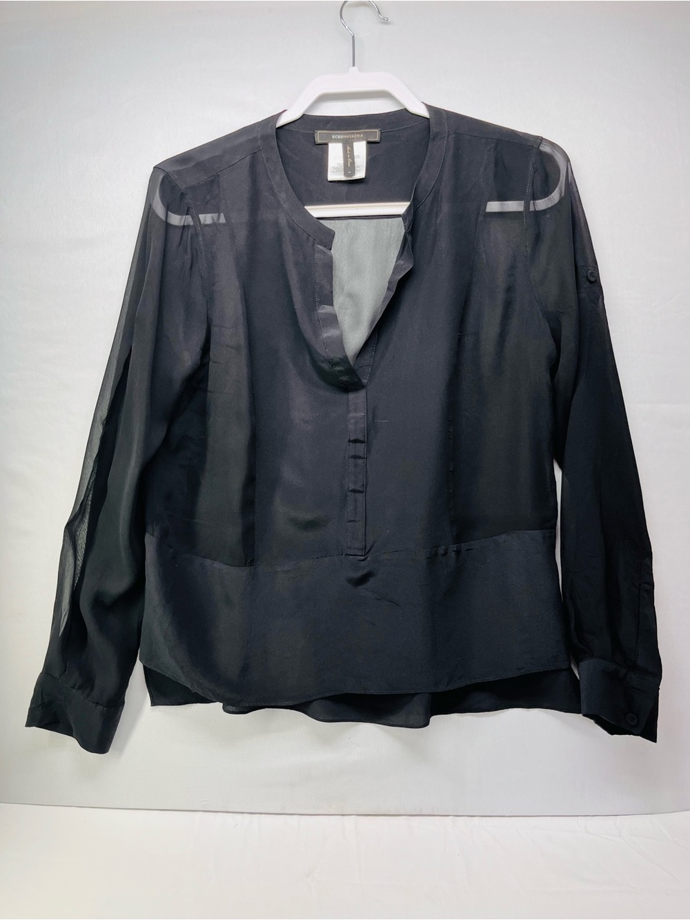 BCBGMaxAzria Black Semi-Sheer Split-Neck Long-Sleeve Shirt